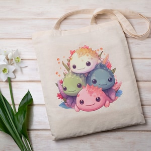Baby Axolotl Heavy Duty Cotton Tote Bag, Cute Axolotl Shoulder Bag, Kawaii Canvas Bag, Reusable Tote, Unisex Canvas Tote Bag College Bag