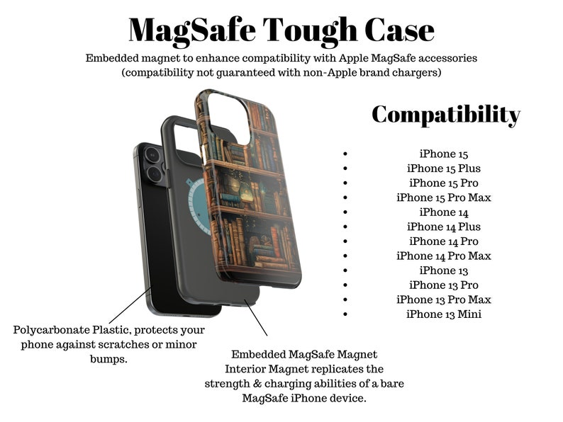 Vintage Books Bookshelves Tough Phone Case, Whimsical Dark Academia Case, Impact Resistant / iPhone 15, 14, 13, 12, 11, Samsung, MagSafe