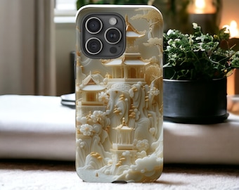 Asian White Jade Carving Tough Case, Landscape Scenery Case, Zen Aesthetic Phone Cover / iPhone 16, 15, 14, 13, 12, 11, Samsung, Pixel