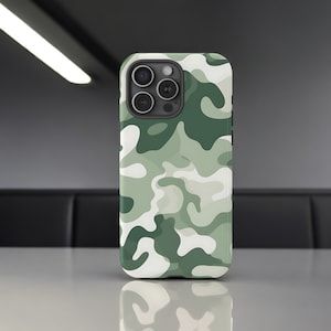 May include: A green and white camouflage phone case for an iPhone.