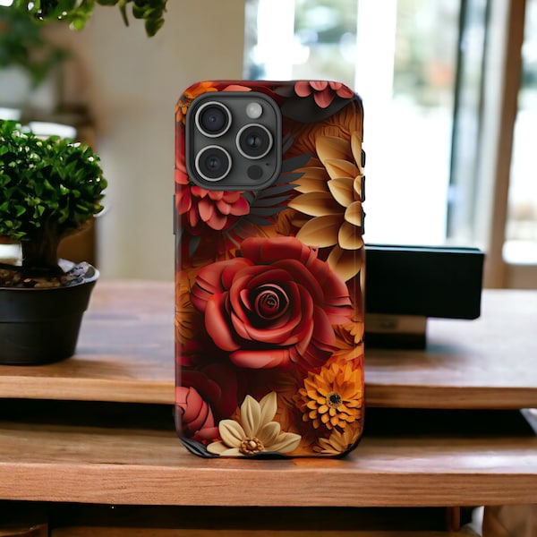 3D Bohemian Autumn Flowers Tough Phone Case, Luxury Floral Phone Cover, Impact Resistant / iPhone 15, 14, 13, 12, 11, Samsung Cases, MagSafe