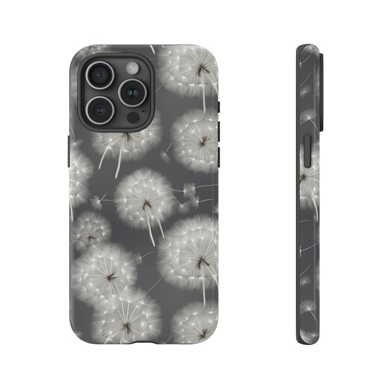 Dandelions Tough Phone Case, Floral Phone Cover, Gray Flowers Trendy Phone Case, Impact Resistant / For iPhone 15, 14, 13, 12, 11, Samsung
