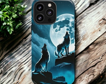 Howling Wolves Tough Case, Moon Case, Nature Lover Aesthetic Phone Cover, Wolves Art, iPhone 16, 15, 14, 13, 12, 11, Samsung Case, MagSafe