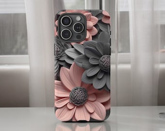 Pink and Grey Flowers Tough Phone Case, Floral Phone Cover, Impact Resistant Phone Case / iPhone 16, 15, 14, 13, 12, 11, Samsung, Pixel