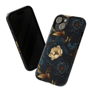 Gothic Black Gold Flowers Tough Phone Case, Floral Phone Cover, Luxury Phone Case, Impact Resistant / For iPhone 15, 14, 13, 12, 11, Samsung