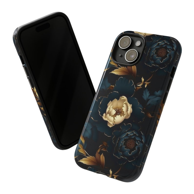 Gothic Black Gold Flowers Tough Phone Case, Floral Phone Cover, Luxury Phone Case, Impact Resistant / For iPhone 15, 14, 13, 12, 11, Samsung