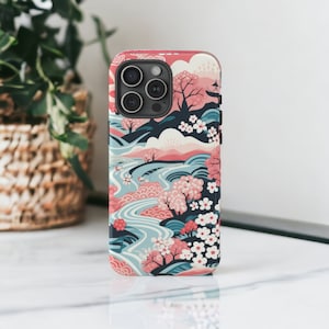 Japanese Art Tough Case, Sakura Cherry Blossom Phone Case, Pink Aesthetic Phone Cover, Fit for iPhone 15, 14, 13, 12, 11, Samsung Cases