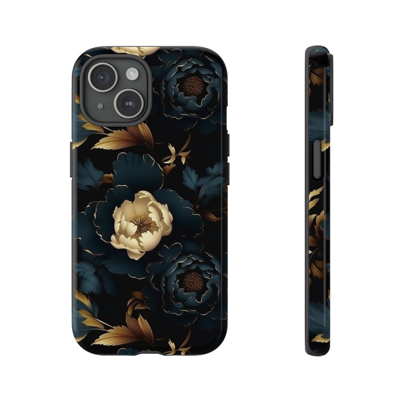 Gothic Black Gold Flowers Tough Phone Case, Floral Phone Cover, Luxury Phone Case, Impact Resistant / For iPhone 15, 14, 13, 12, 11, Samsung