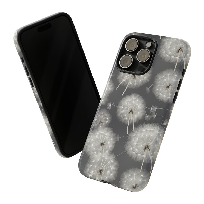 Dandelions Tough Phone Case, Floral Phone Cover, Gray Flowers Trendy Phone Case, Impact Resistant / For iPhone 15, 14, 13, 12, 11, Samsung
