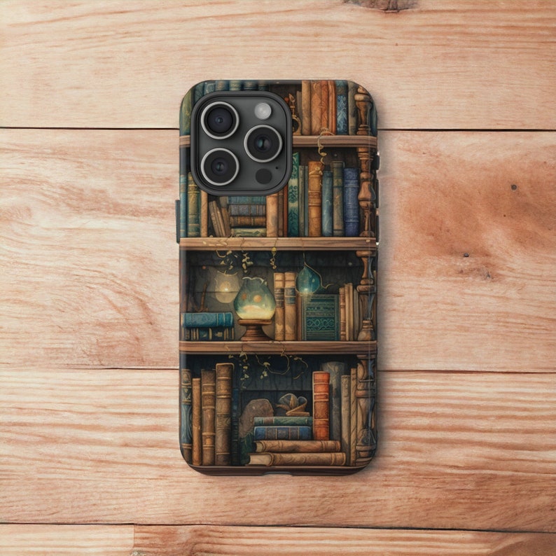 Vintage Books Bookshelves Tough Phone Case, Whimsical Dark Academia Case, Impact Resistant / iPhone 15, 14, 13, 12, 11, Samsung, MagSafe