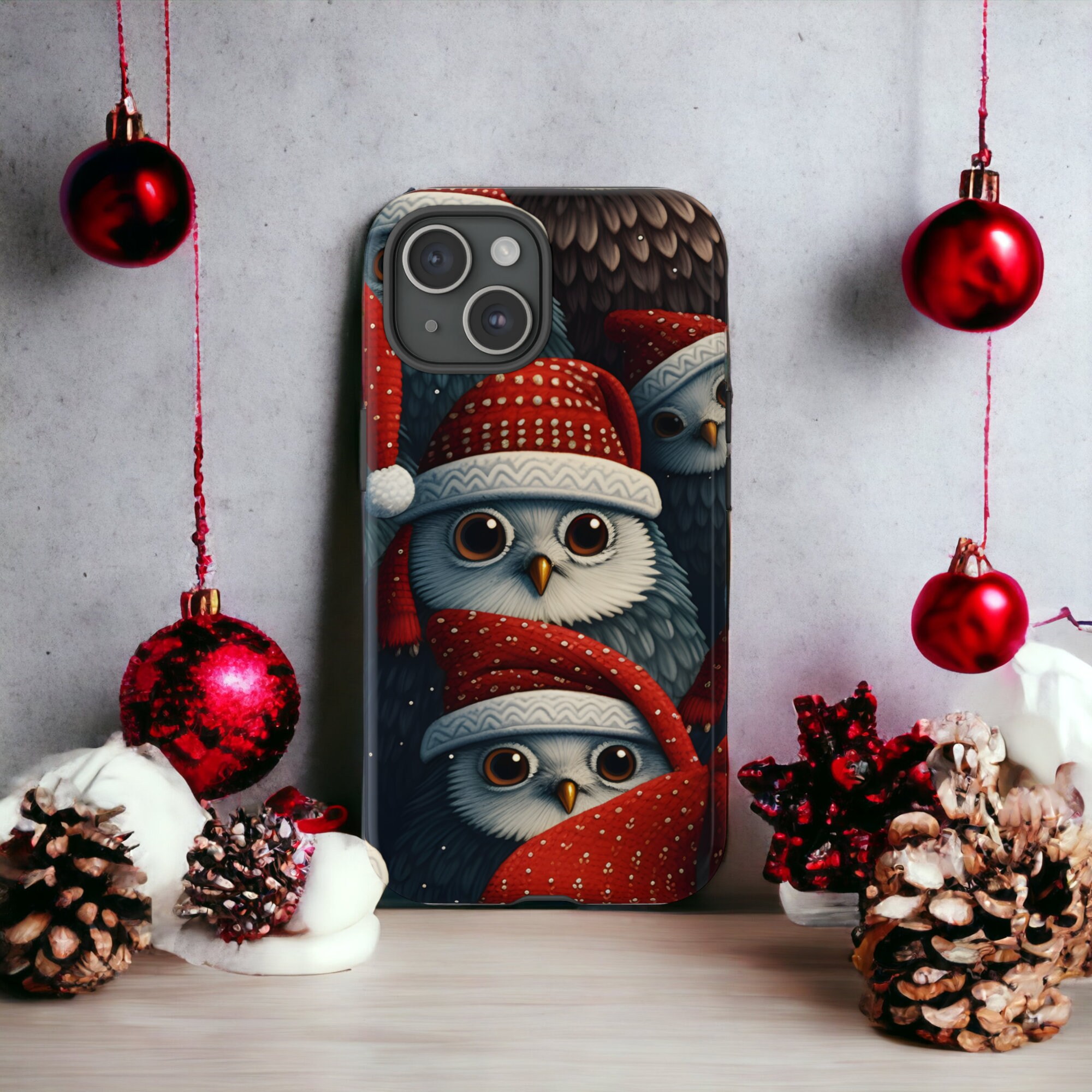 Christmas Owls Tough Case, Winter Owl Phone Case, Cute Kawaii Animal Phone Cover / For iPhone 16, 15