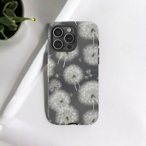 Dandelions Tough Phone Case, Floral Phone Cover, Gray Flowers Trendy Phone Case, Impact Resistant / For iPhone 15, 14, 13, 12, 11, Samsung