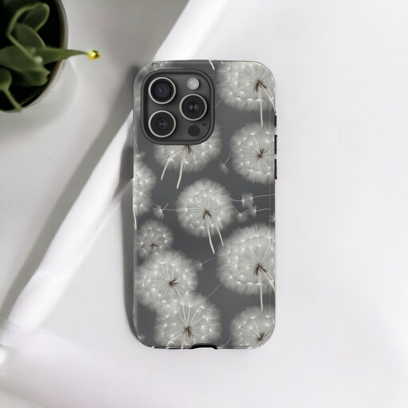 Dandelions Tough Phone Case, Floral Phone Cover, Gray Flowers Trendy Phone Case, Impact Resistant / For iPhone 15, 14, 13, 12, 11, Samsung