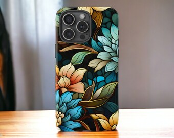 Colorful Stained Glass Flowers Tough Phone Case, Floral Phone Cover, Impact Resistant/ iPhone 16, 15, 14, 13, 12, 11, Samsung Cases, MagSafe
