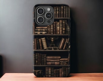 May include: A black phone case with a design of a bookshelf filled with old books. The case has a camera lens cutout with three lenses.