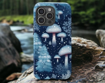 Winter Mushroom Forest Tough Case, Snow Trees Case, Christmas Aesthetic Phone Cover, Impact Resistant for iPhone 15, 14, 13, 12, 11 Samsung