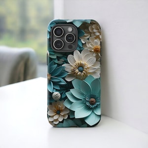 3D Blue Flowers Tough Phone Case, Luxury Floral Phone Cover, Impact Resistant Phone Case / iPhone 15, 14, 13, 12, 11, Samsung Cases, MagSafe