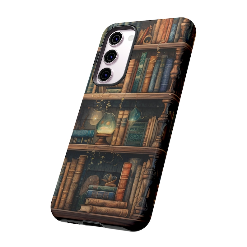 Vintage Books Bookshelves Tough Phone Case, Whimsical Dark Academia Case, Impact Resistant / iPhone 15, 14, 13, 12, 11, Samsung, MagSafe