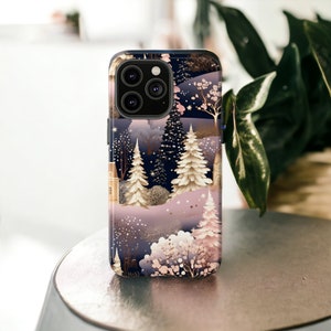 Coque rigide rose forêt d'hiver, étui de téléphone arbre enneigé, coque de téléphone esthétique de Noël / iPhone 16, 15, 14, 13, 12, 11, Samsung, Google Pixel