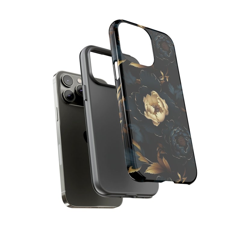 Gothic Black Gold Flowers Tough Phone Case, Floral Phone Cover, Luxury Phone Case, Impact Resistant / For iPhone 15, 14, 13, 12, 11, Samsung