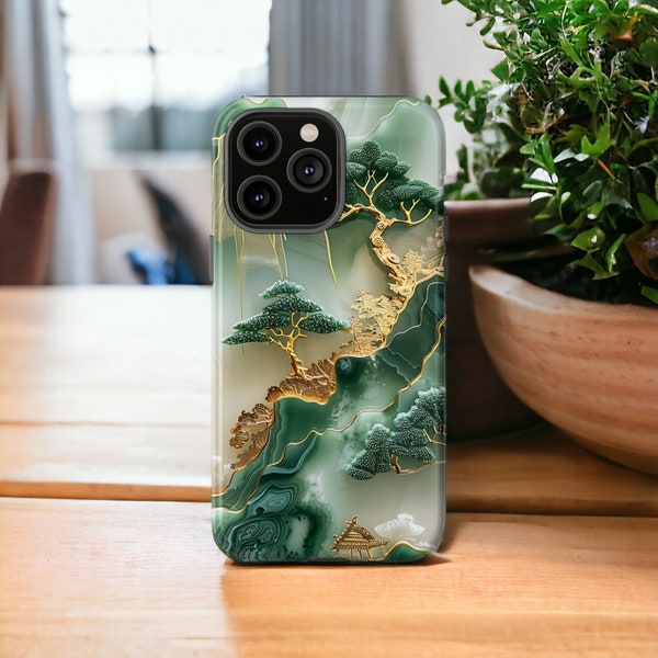 Asian Jade Carving Tough Case,  Landscape Scenery Art Phone Case, Aesthetic Phone Cover / iPhone 15, 14, 13, 12, 11, Samsung Cases, MagSafe