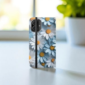 Blue Daisies Flip Case, Botanical Floral Aesthetic Phone Cover, Convenient Card Holder Wallet Phone Case / iPhone 16 - 11, Samsung S25-S21
