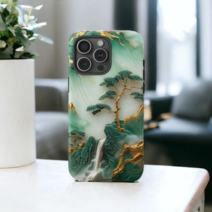 Coque résistante à la sculpture en jade asiatique, coque de portable art paysage, coque de téléphone esthétique / iPhone 16, 15, 14, 13, 12, 11, Samsung, étui Pixel