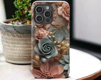 3d Elegant Flowers Tough Case, Rose Phone Case, Boho Floral Aesthetic Phone Cover, Luxury Case / iPhone 15, 14, 13, 12, 11, Samsung, MagSafe