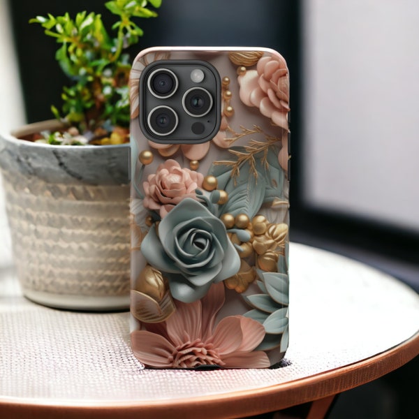 3d Elegant Flowers Tough Case, Rose Phone Case, Boho Floral Aesthetic Phone Cover, Luxury Case / iPhone 15, 14, 13, 12, 11, Samsung, MagSafe