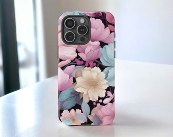 May include: A black phone case with a floral design featuring pink, white, and blue flowers on a dark background.