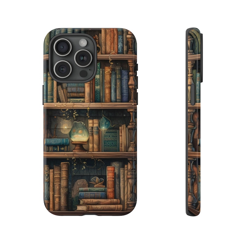 Vintage Books Bookshelves Tough Phone Case, Whimsical Dark Academia Case, Impact Resistant / iPhone 15, 14, 13, 12, 11, Samsung, MagSafe