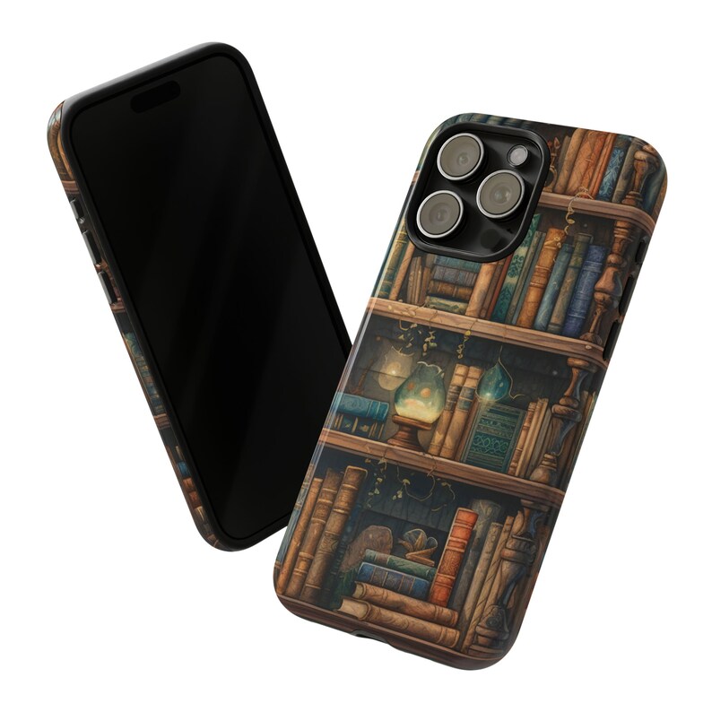 Vintage Books Bookshelves Tough Phone Case, Whimsical Dark Academia Case, Impact Resistant / iPhone 15, 14, 13, 12, 11, Samsung, MagSafe