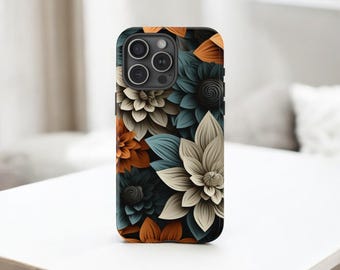 May include: A black phone case featuring a floral design with orange, teal, and cream-colored flowers. The case has a glossy finish and a raised edge around the camera lenses.