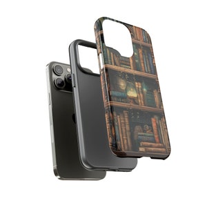 Vintage Books Bookshelves Tough Phone Case, Whimsical Dark Academia Case, Impact Resistant / iPhone 15, 14, 13, 12, 11, Samsung, MagSafe