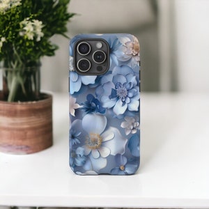 Dusty Blue Flowers MagSafe Tough Phone Case, Luxury Baby Blue Floral Phone Case, Perwinkle  Flower Case, Heavy Duty / iPhone 16, 15, 14, 13