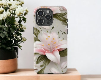 Pink Lillies Tough Case, Flower Phone Case, Floral Aesthetic Cover, Impact Resistant Case / iPhone 16, 15, 14, 13, 12, 11, Samsung, Pixel