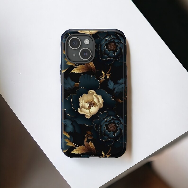 Gothic Black Gold Flowers Tough Phone Case, Floral Phone Cover, Luxury Phone Case, Impact Resistant / For iPhone 15, 14, 13, 12, 11, Samsung