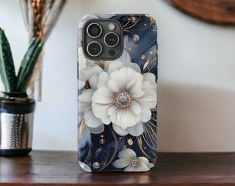 White Flowers Blue Tough Phone Case, Botanical Floral Art Aesthetic Phone Cover, Impact Resistant /  iPhone 15, 14, 13, 12, 11, Samsung