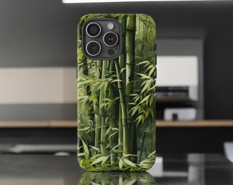 May include: A black phone case with a green bamboo forest design. The case has a camera lens cutout and a black border.