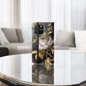 White Gold Rose Wallet Phone Case, Floral Flip Phone Cover, Purse Phone Case, Card Holder / iPhone 16, 15, 14, 13, 12, 11, Samsung Cases