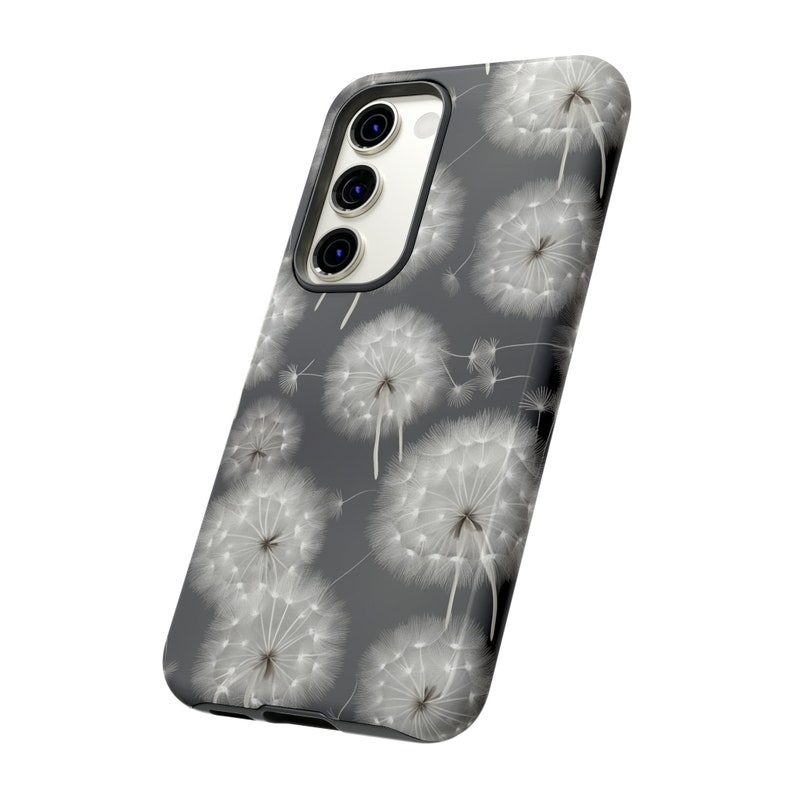 Dandelions Tough Phone Case, Floral Phone Cover, Gray Flowers Trendy Phone Case, Impact Resistant / For iPhone 15, 14, 13, 12, 11, Samsung