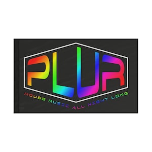 May include: A black flag with a white hexagon containing the word "PLUR" in rainbow colours. The text "HOUSE MUSIC ALL NIGHT LONG" is written below the hexagon.