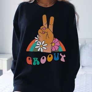 Groovy Rainbow Crewneck Sweatshirt, Peace Sign, Rainbow, Flowers, Pullover