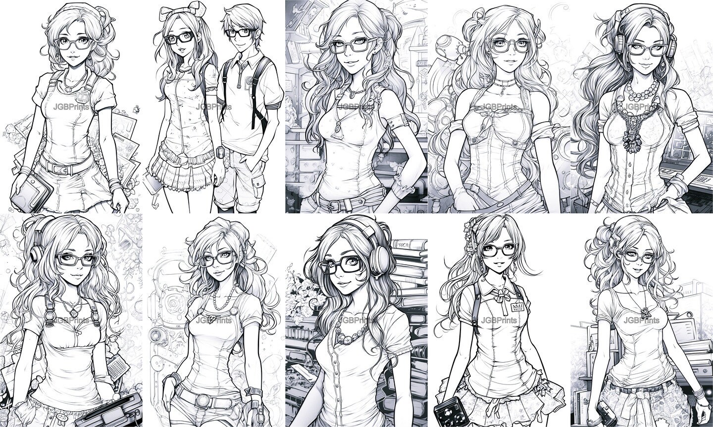 Girl Coloring Book Page Cute Nerdy Gamer Girlfriend With Glasses