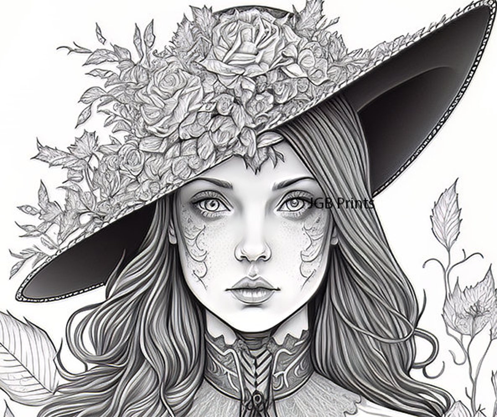 Adult Coloring Page Fantasy Girl Animal Portrait Witch Black and White