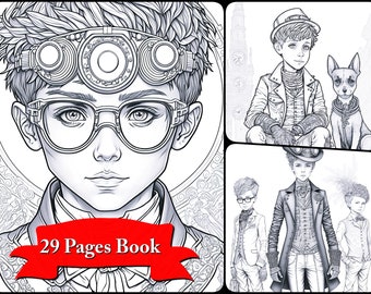 Steampunk Universe with the Handsome Boy Coloring Book - Digital Download for Creative Fun, Coloring book for mindfulness PDF.