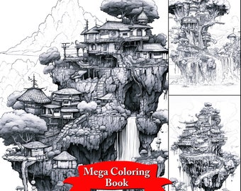 Coloring Page of Floating Islands with Gardens and Waterfalls, Coloring Pages for Adults, Relaxation, Stress Relief coloring book