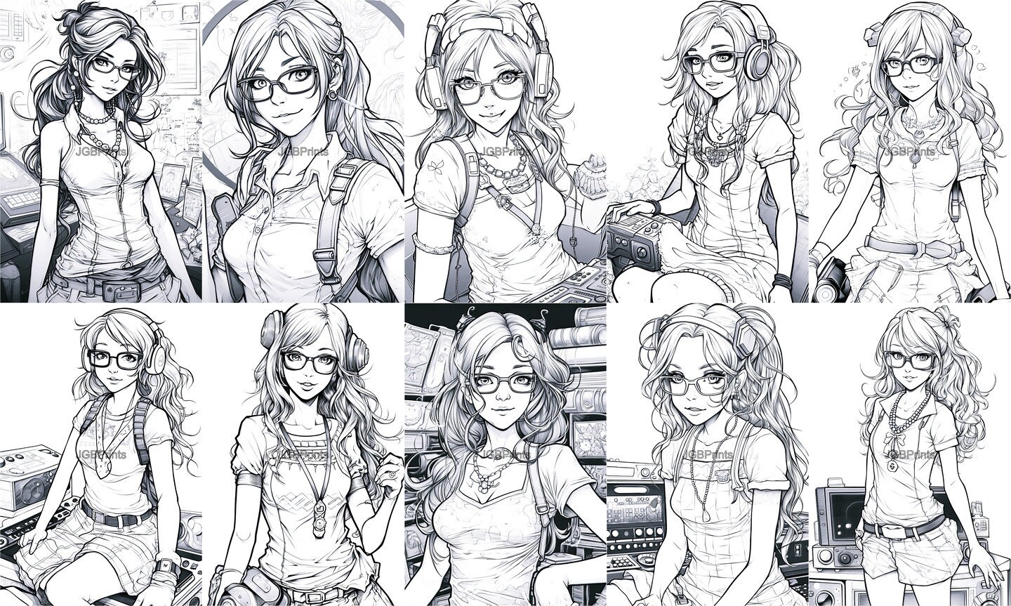 Girl Coloring Book Page Cute Nerdy Gamer Girlfriend With Glasses