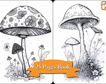 Unique Flowers and Wild Mushrooms Coloring pages for adults, Fairy Mushrooms with Goons Coloring Book -Printable PDF , , Instant Download.