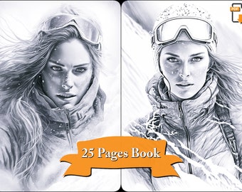 25 Pages Winter Grayscale Coloring Pages: Beautiful Girls, Christmas Illustrations , highly detaied - quick Download PDF for Digital files,